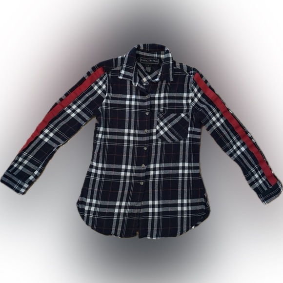 Polly & Esther Plaid Button-Down Shirt Navy Red White Flannel Top Stripe Sleeve - Picture 3 of 5